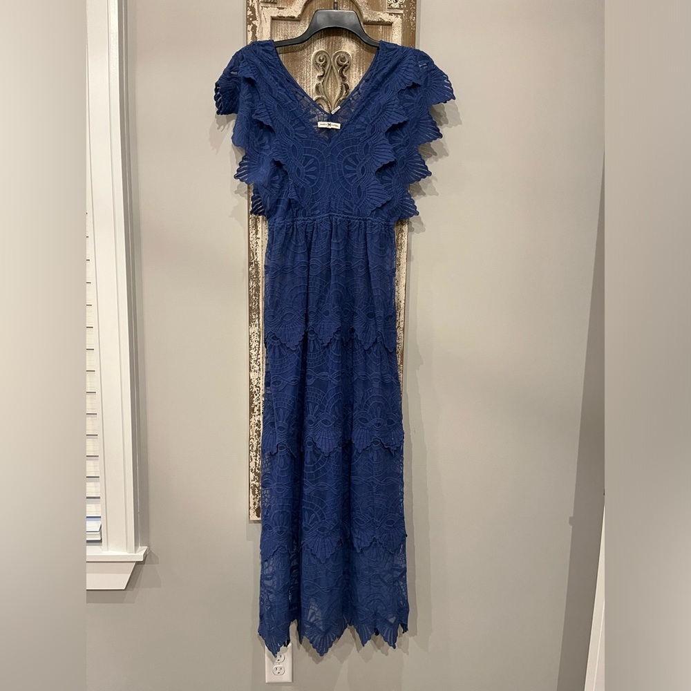 EUC NIGHTCAP CLOTHING Indigo Mayan Lace Sheer Maxi Gown/Dress (Medium)